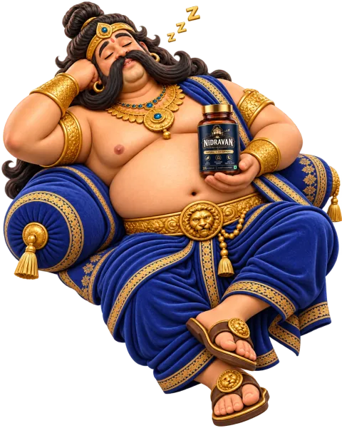 Kumbhakarna asleep with a bottle of Nidravan
