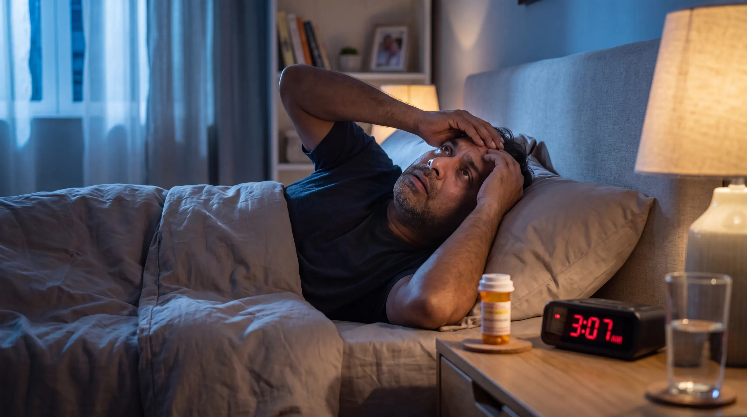 man lying awake in bed