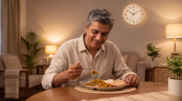 person having early evening dinner