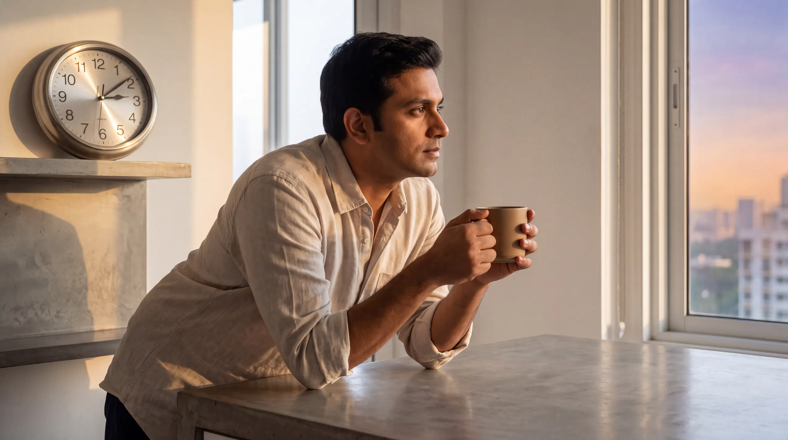 adult holding coffee in kitchen